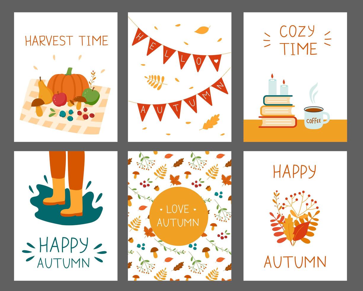 Establecer tarjetas de otoño con hojas y cosecha. vector