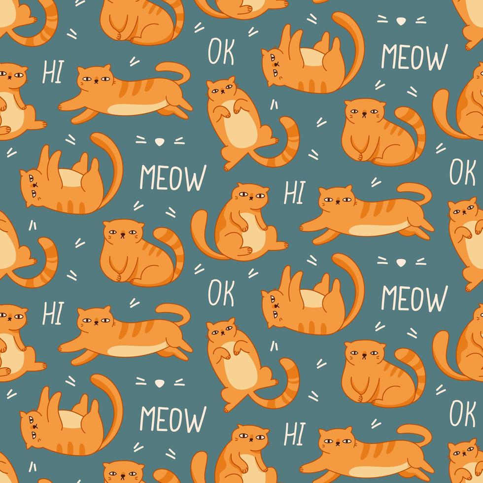 seamless pattern ginger cats on a blue background and text lettering vector