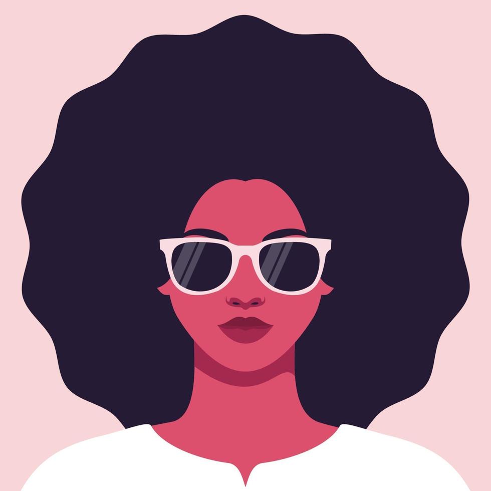retrato de una mujer joven con gafas de sol con un peinado exuberante. vector