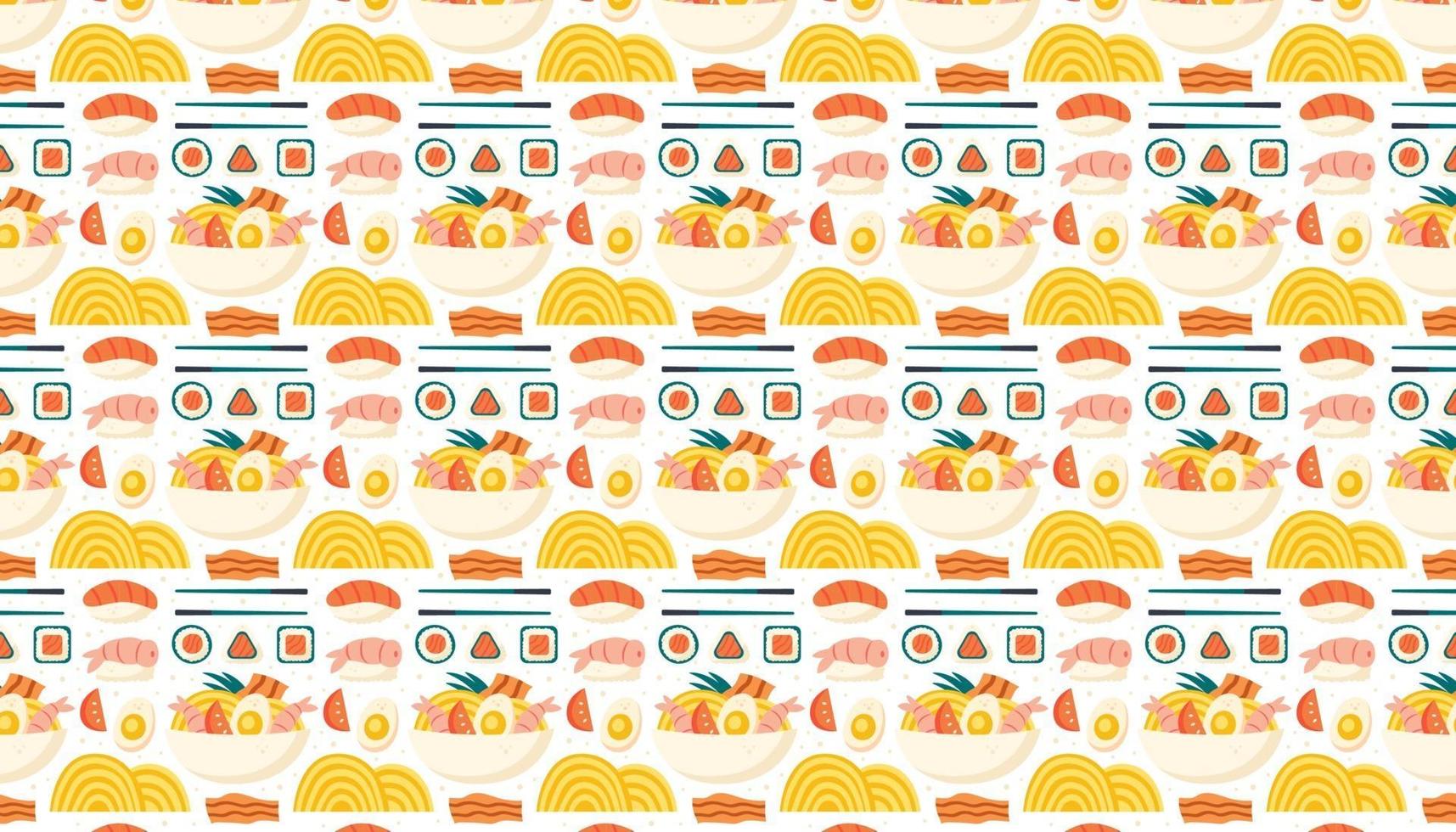 Sushi salmon shrimp nori ramen asian food pattern background banner vector