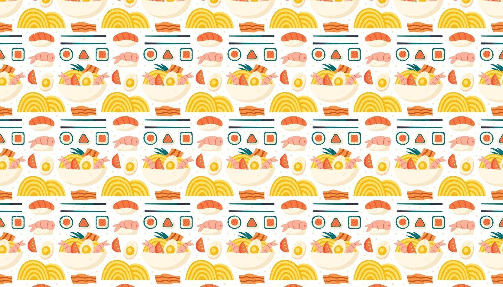 sushi salmón camarón nori ramen comida asiática patrón fondo banner vector