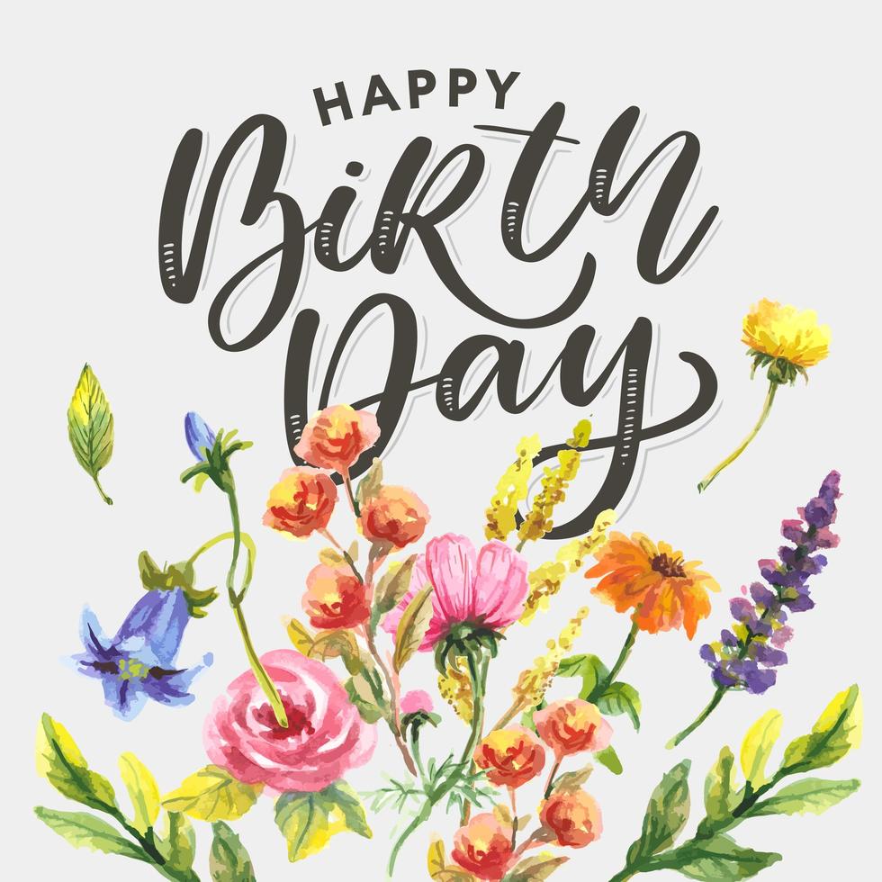 Beautiful happy birthday greeting card with flowers and bird vector