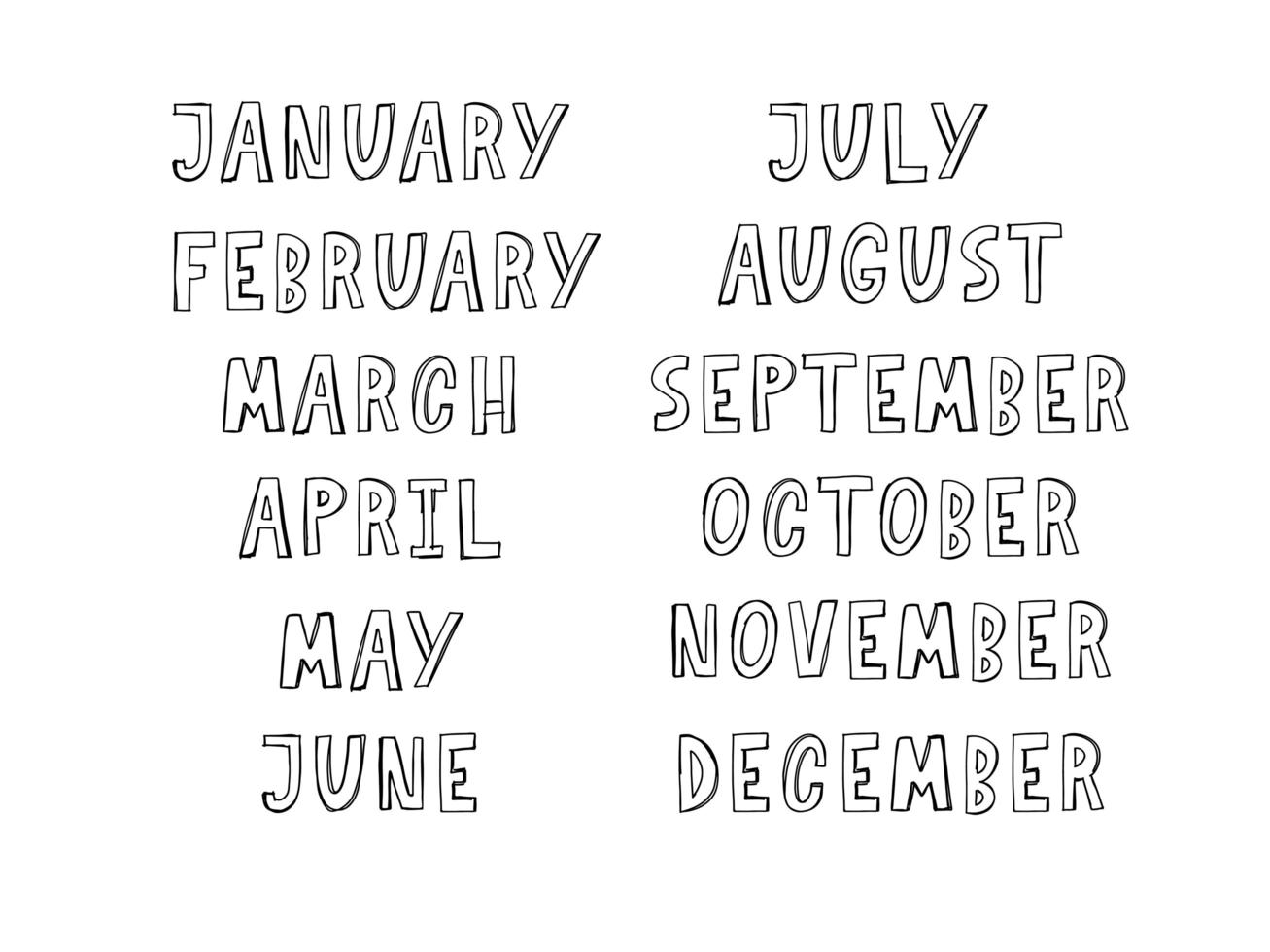 Handwritten names of months Calendar vector