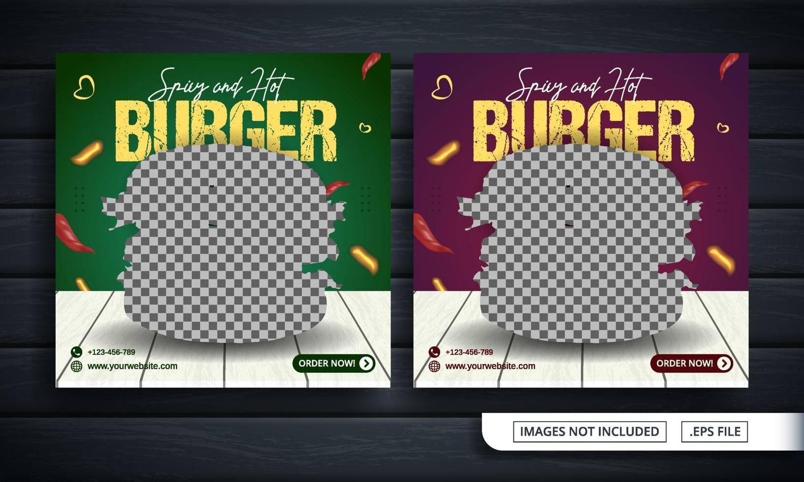 volante verde y rojo o banner de redes sociales para la venta de hamburguesas vector