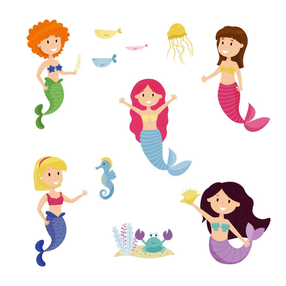 Cute little mermaid set. Vector illustration for children