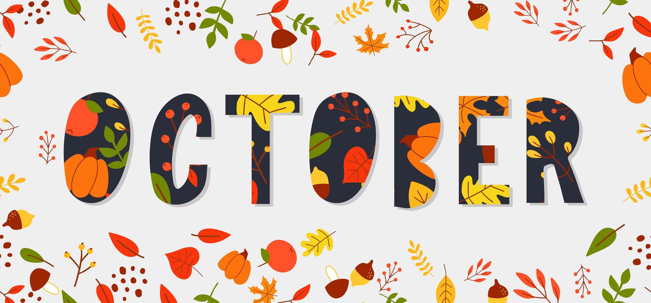 October lettering text sale vector banner with colorful autumn leaves