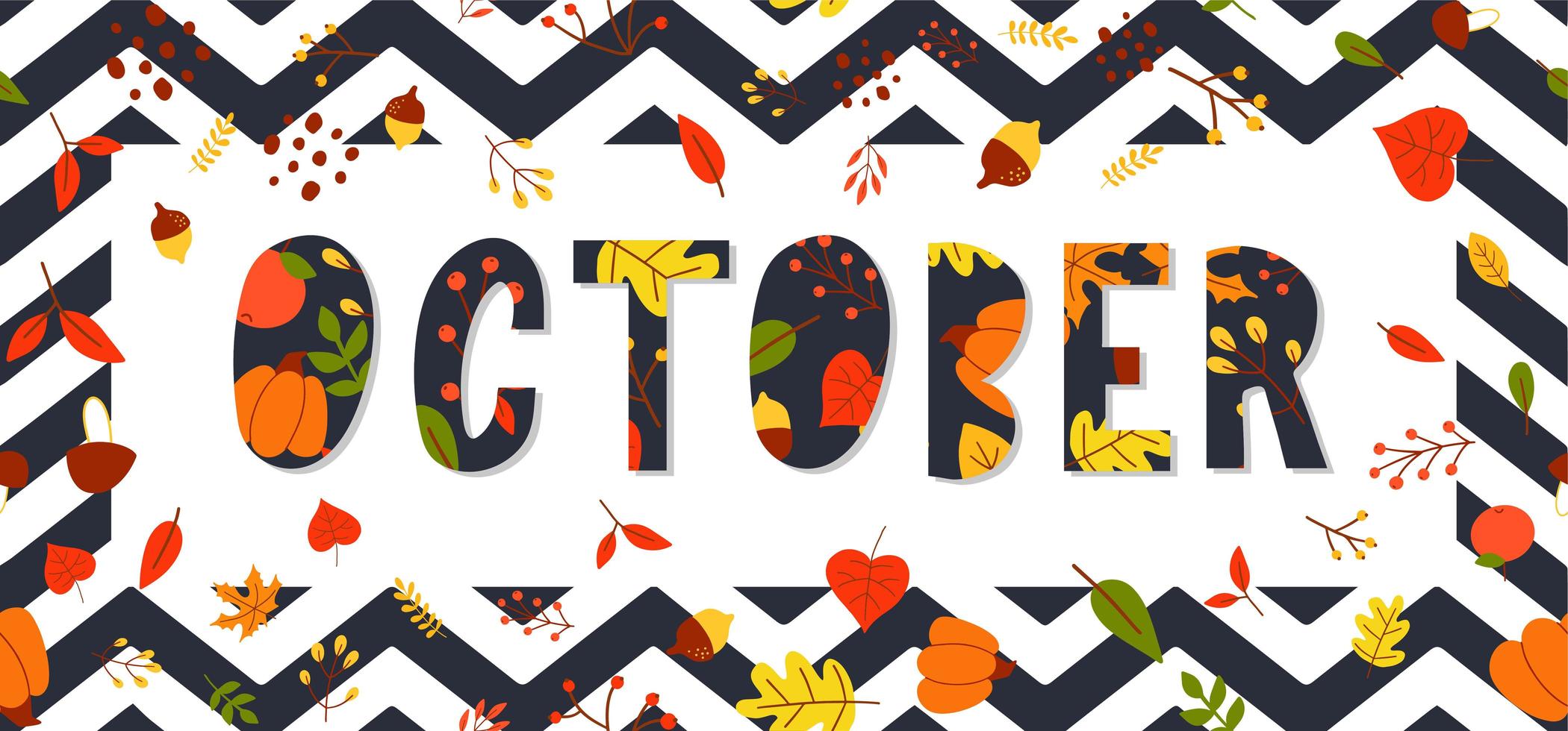 Banner de vector de venta de texto de letras de octubre con coloridas hojas de otoño