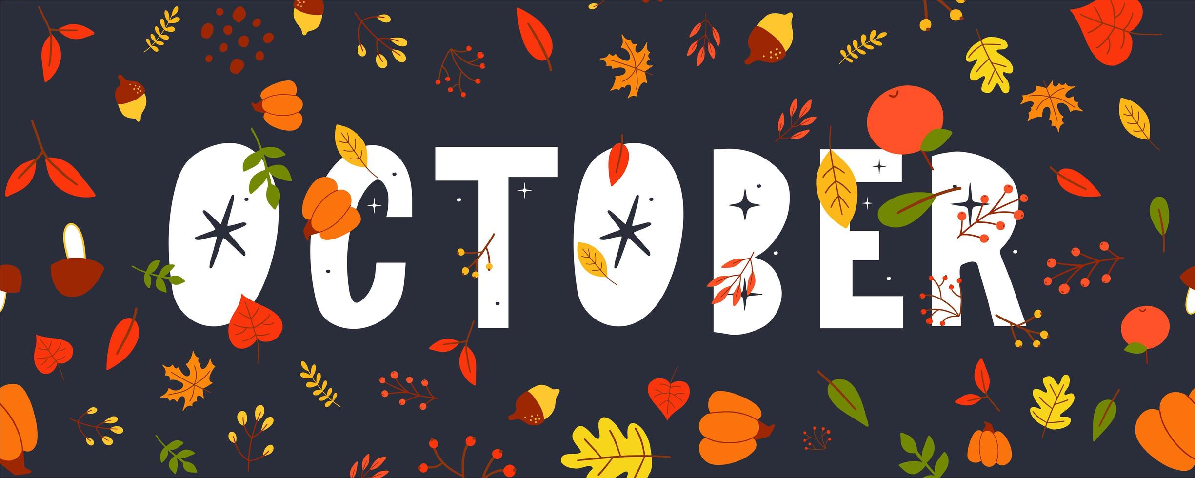 Banner de vector de venta de texto de letras de octubre con coloridas hojas de otoño