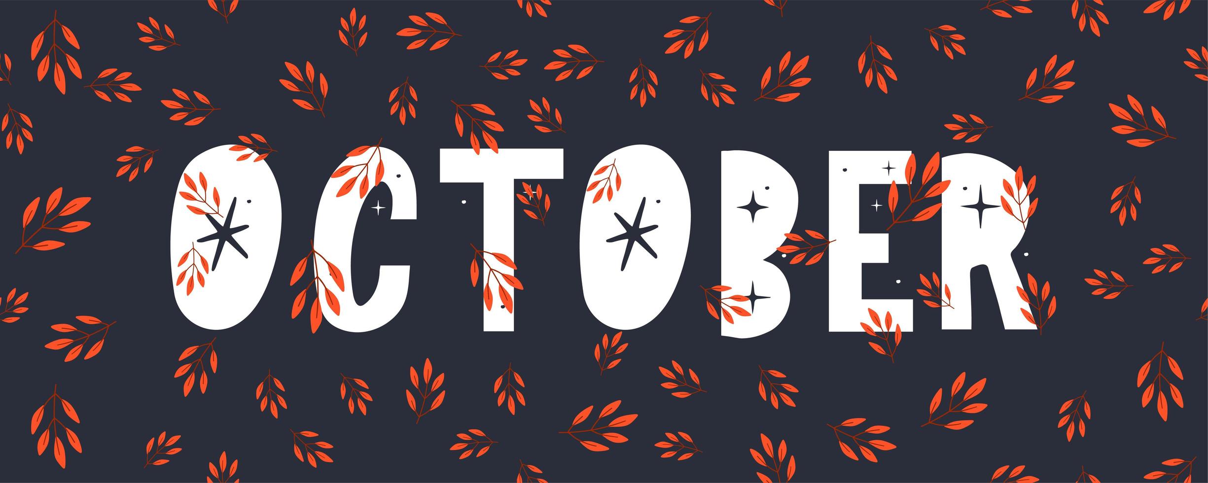 Banner de vector de venta de texto de letras de octubre con coloridas hojas de otoño