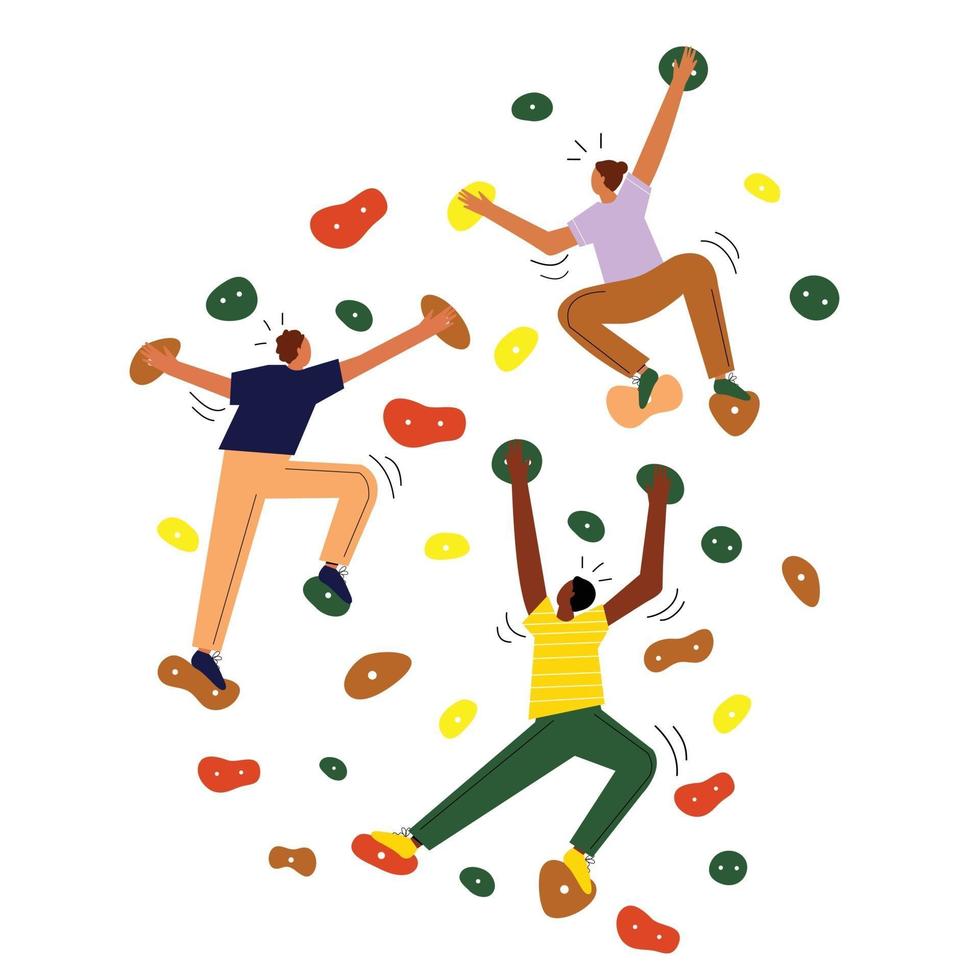 People climbing on artificial rock wall vector