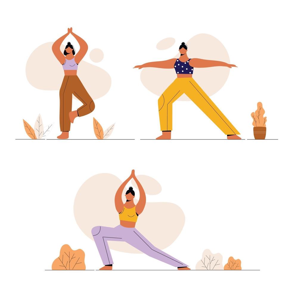 Young people training at home doing main yoga exercises. vector