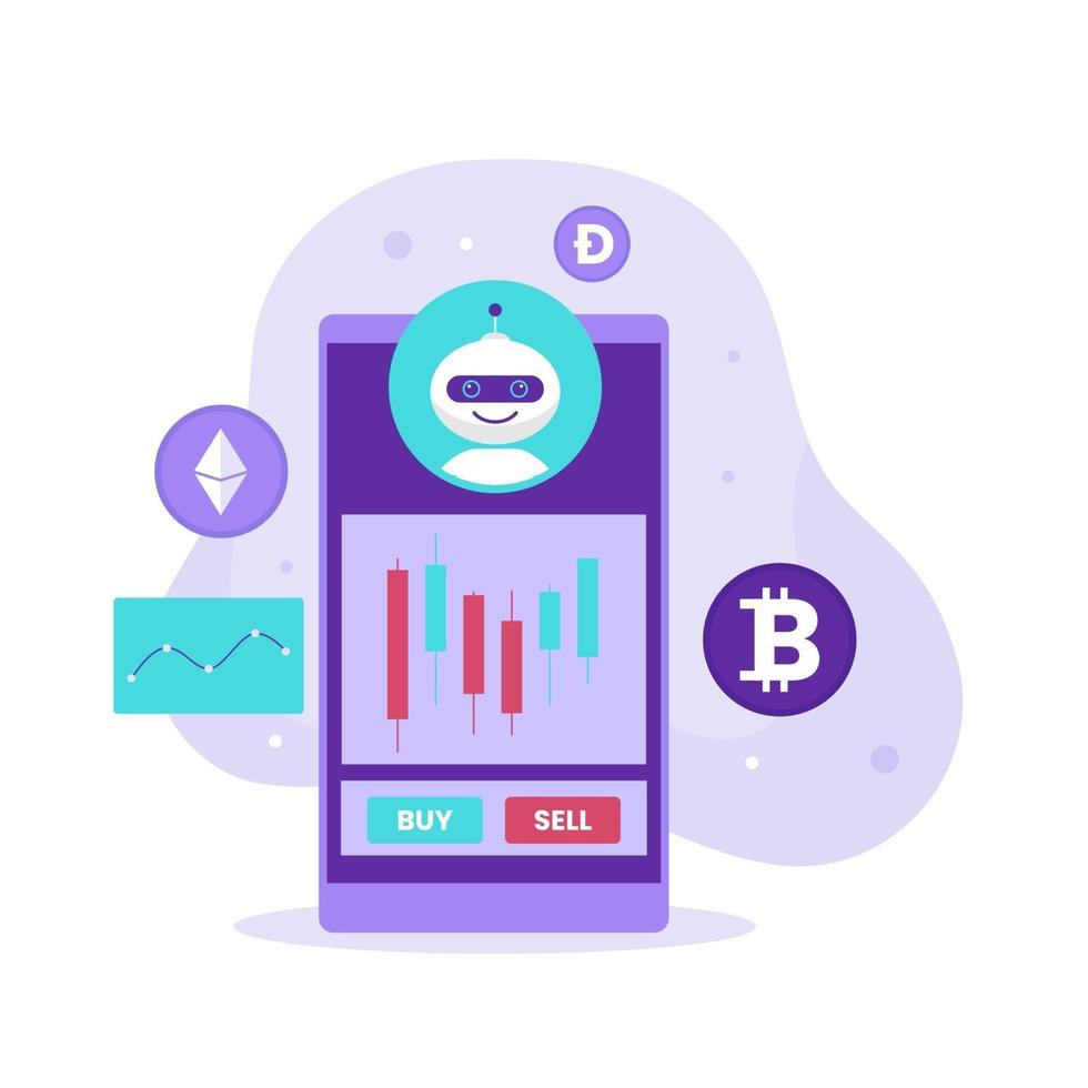 Crypto currency trading bot strategy illustration design concept vector