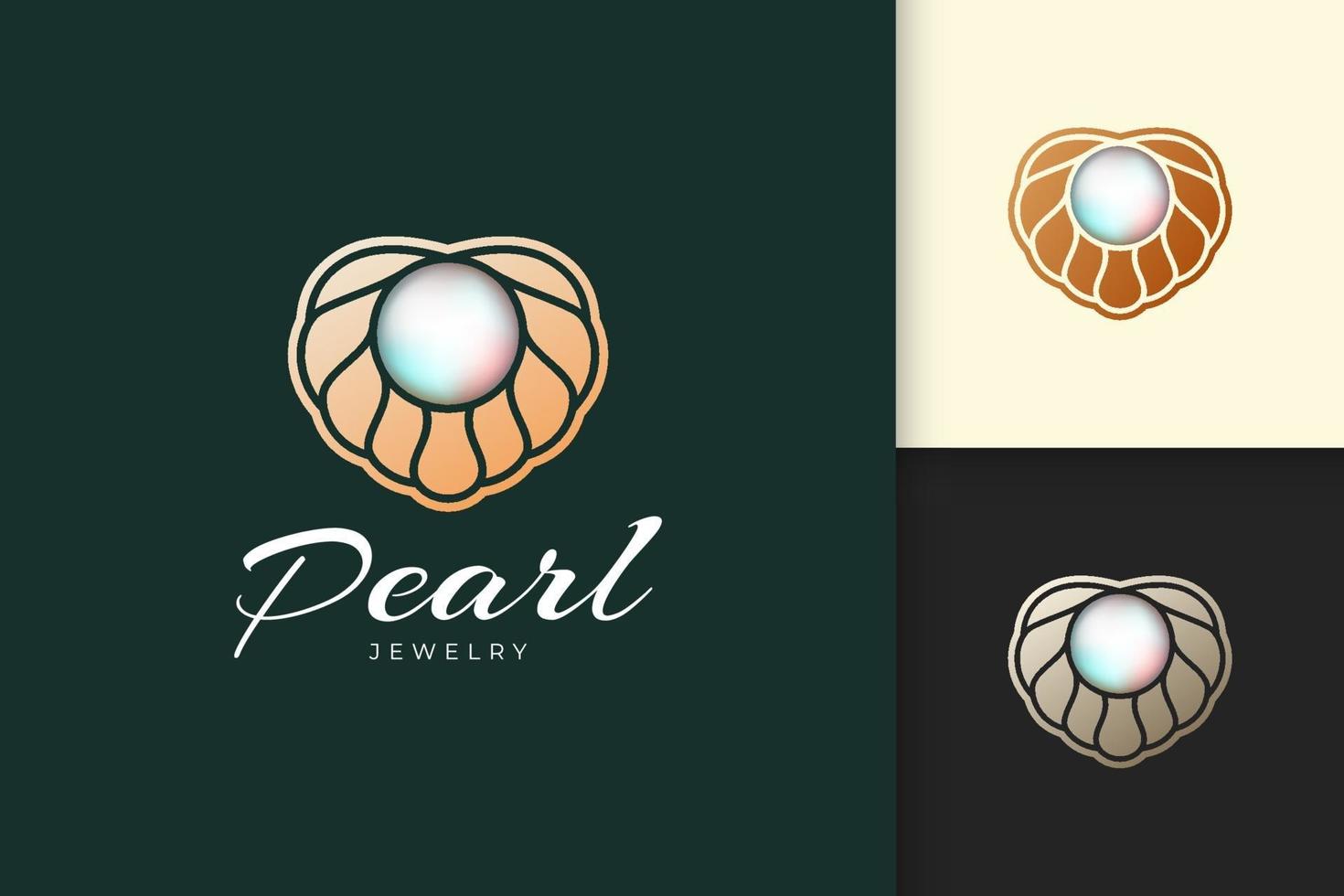 El logotipo de perlas de lujo y elegante con concha representa joyas y gemas. vector