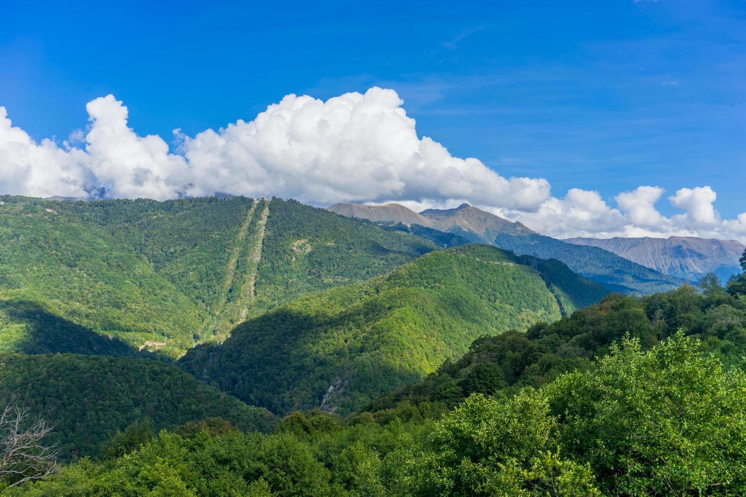 Mountain landscape against cloudy blue sky in Krasnaya Polyana Sochi photo