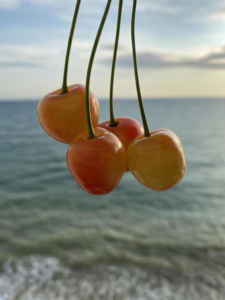yellow cherry fruits on the background of the seascape photo