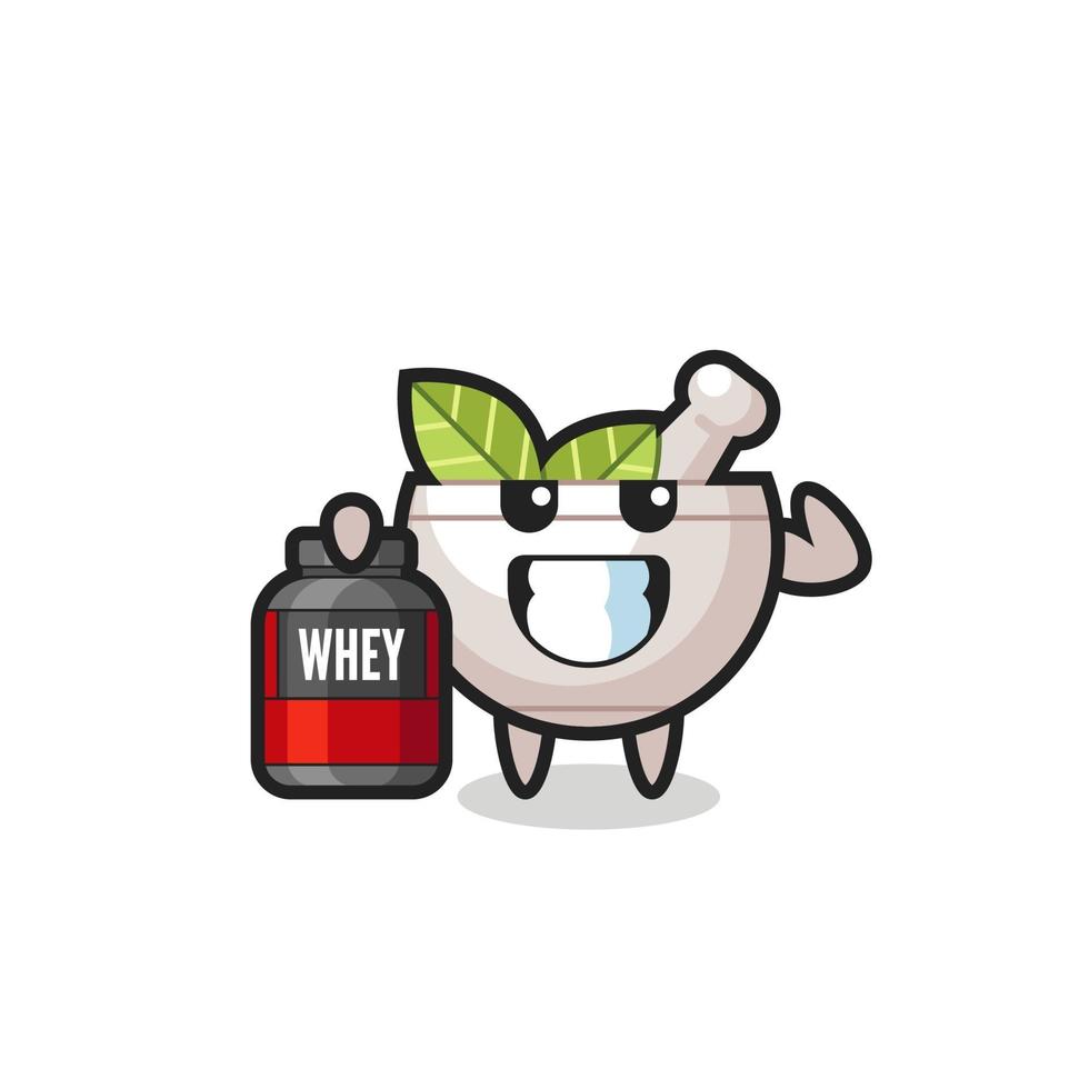 the muscular herbal bowl character is holding a protein supplement vector