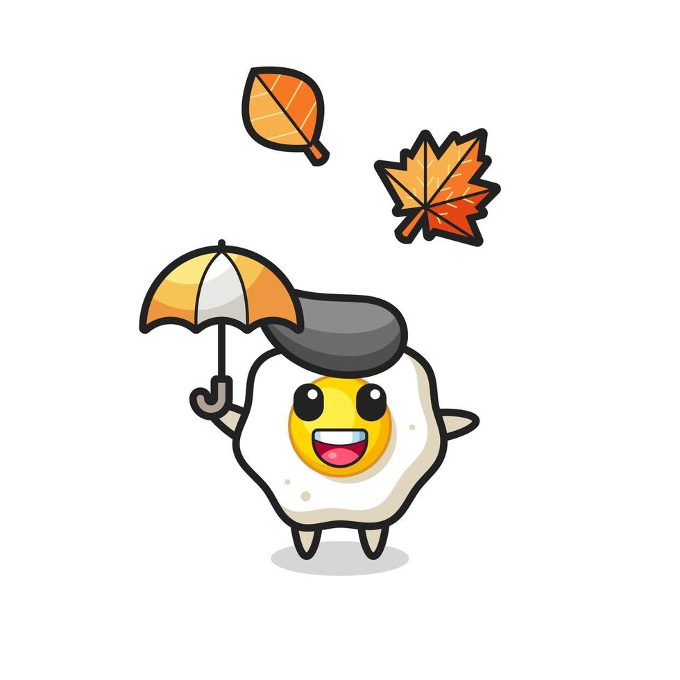 cartoon of the cute fried egg holding an umbrella in autumn vector