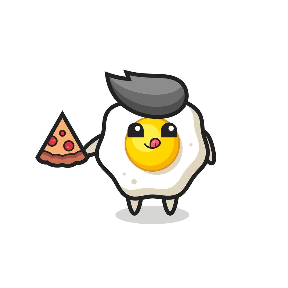 cute fried egg cartoon eating pizza vector