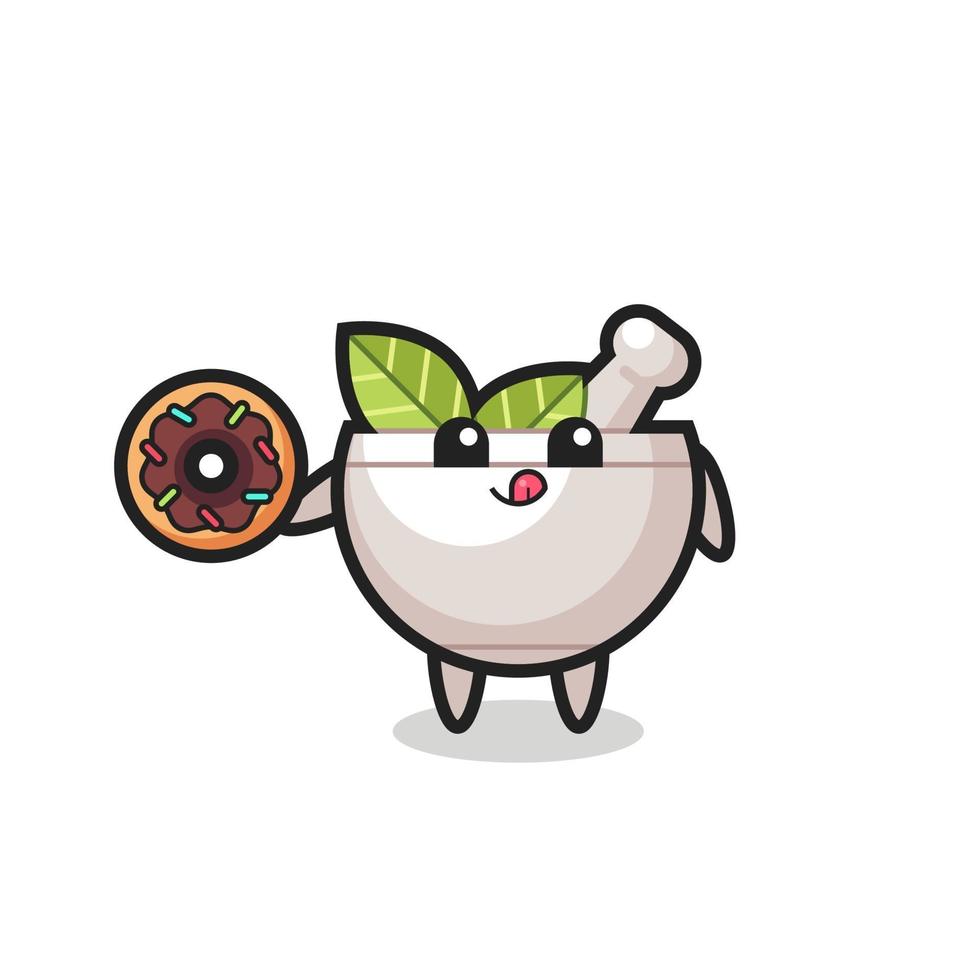 Ilustración de un personaje de cuenco de hierbas comiendo una rosquilla vector