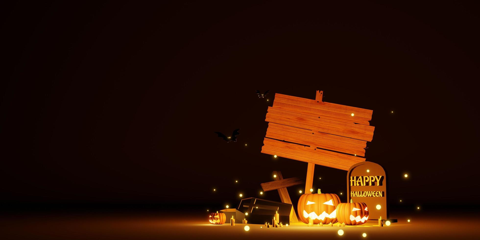 halloween background with blank wooden sign 3D illustration photo