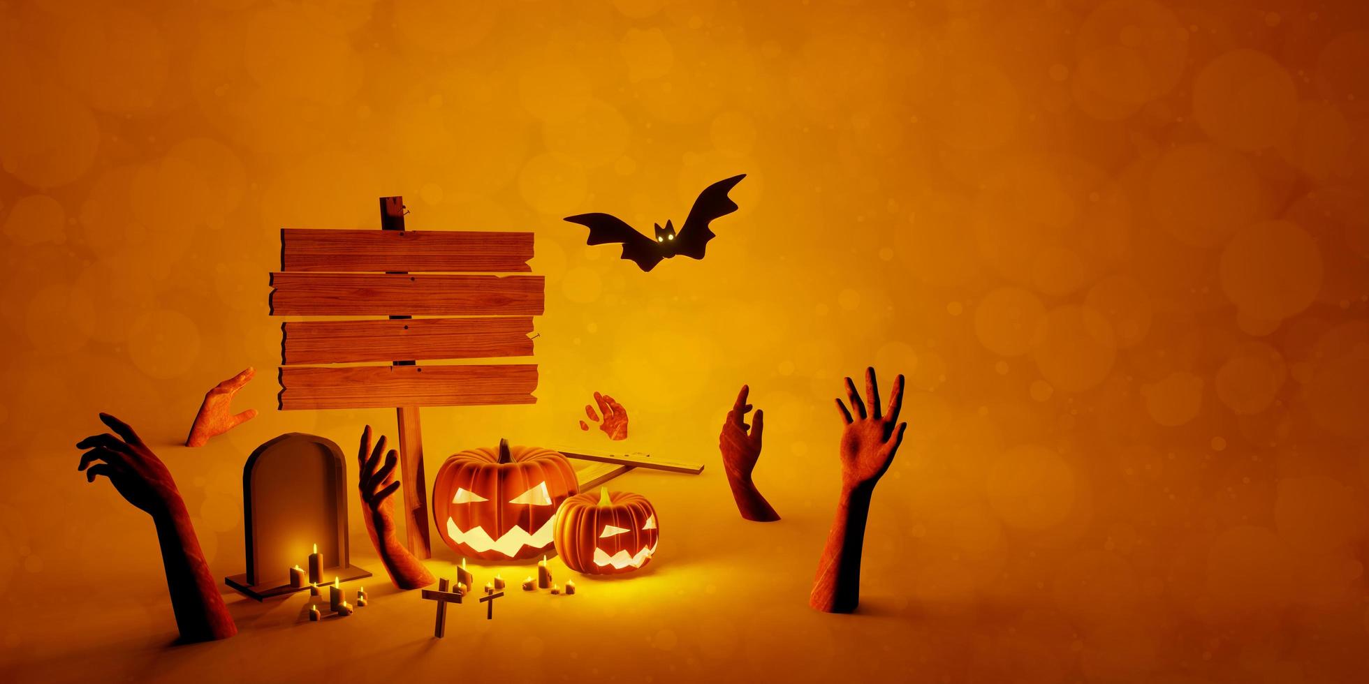 halloween background with blank wooden sign 3D illustration photo