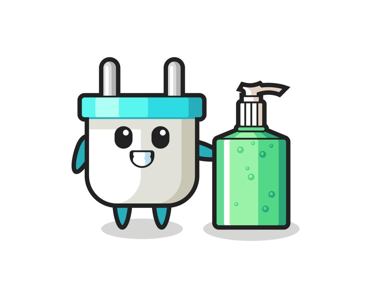 cute electric plug cartoon with hand sanitizer vector