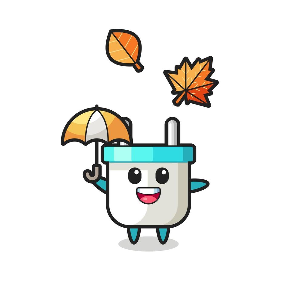 cartoon of the cute electric plug holding an umbrella in autumn vector