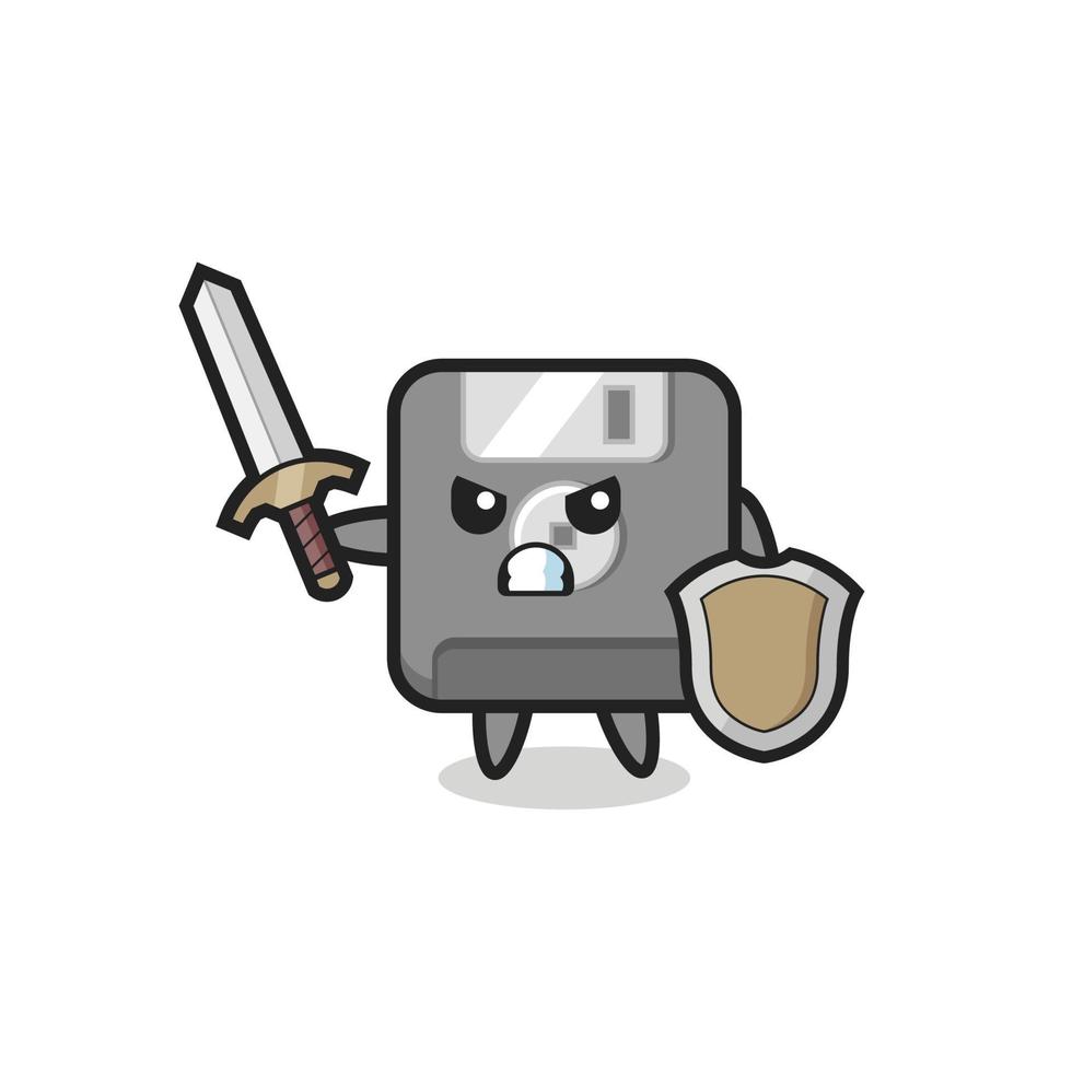 cute floppy disk soldier fighting with sword and shield vector
