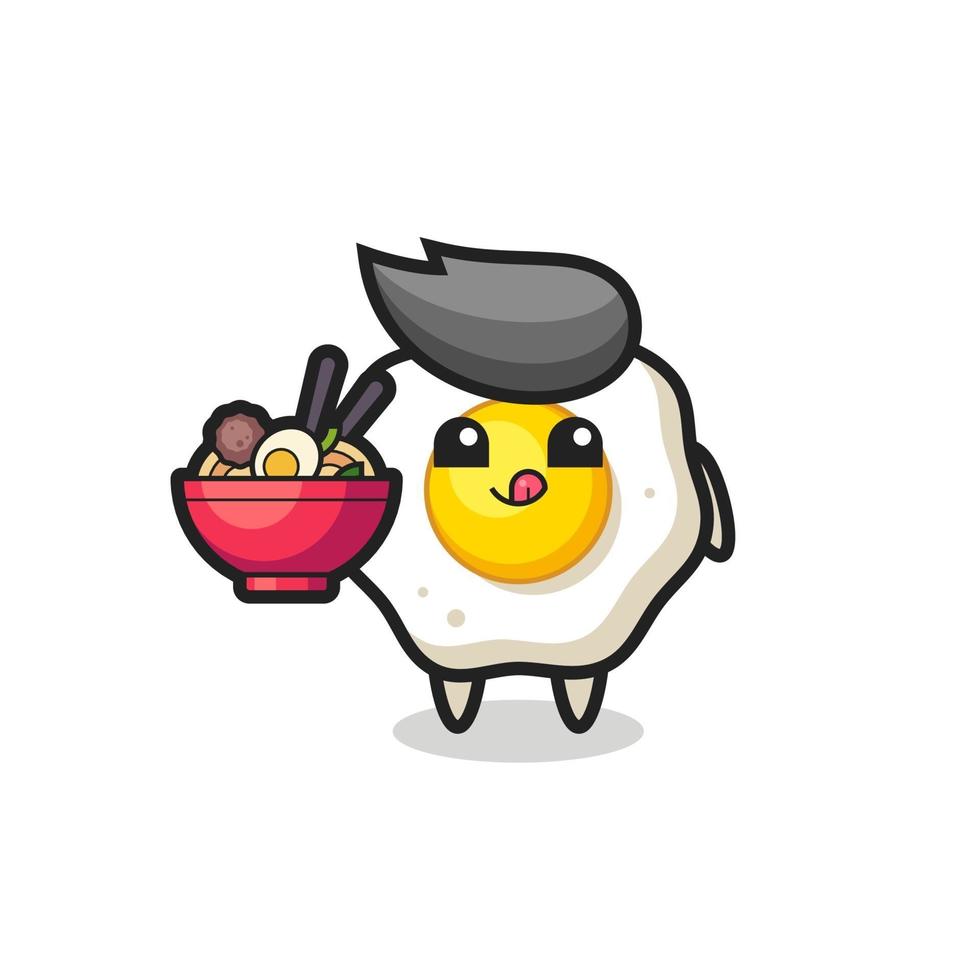 cute fried egg character eating noodles vector