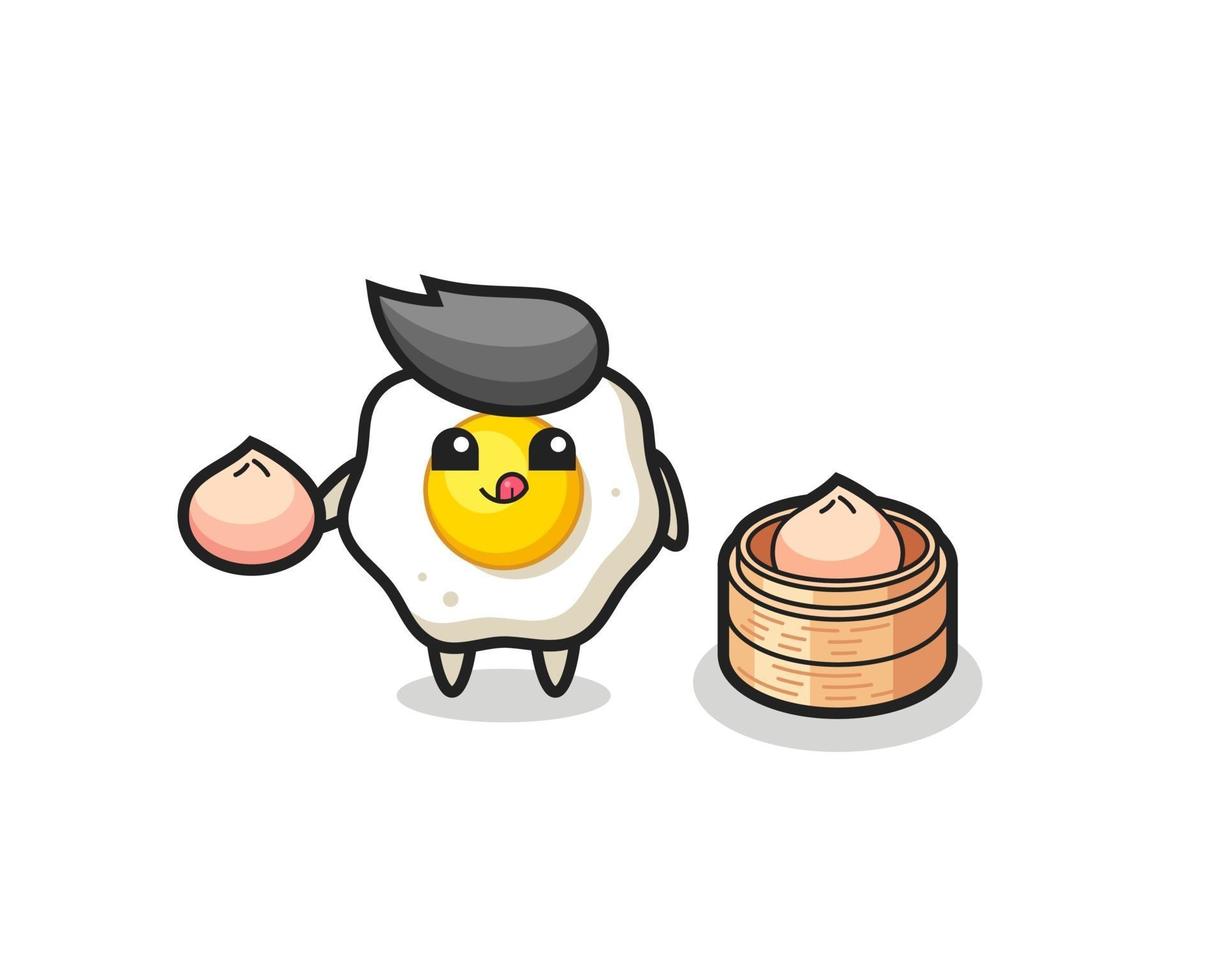 cute fried egg character eating steamed buns vector
