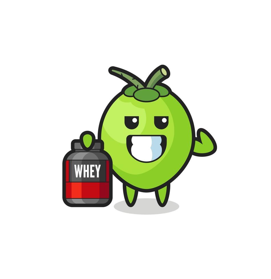 the muscular coconut character is holding a protein supplement vector