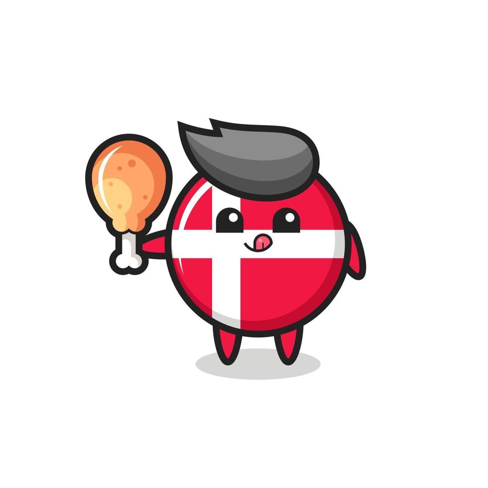 denmark flag badge cute mascot is eating a fried chicken vector