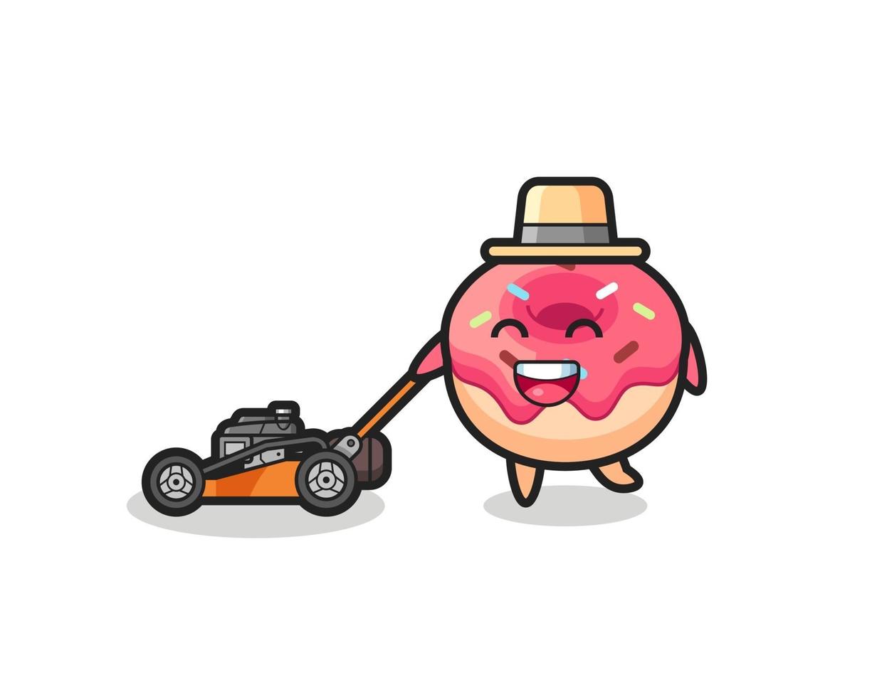 Ilustración del personaje de rosquilla con cortadora de césped vector