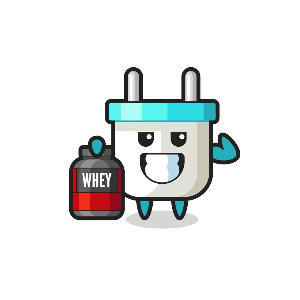 the muscular electric plug character is holding a protein supplement vector