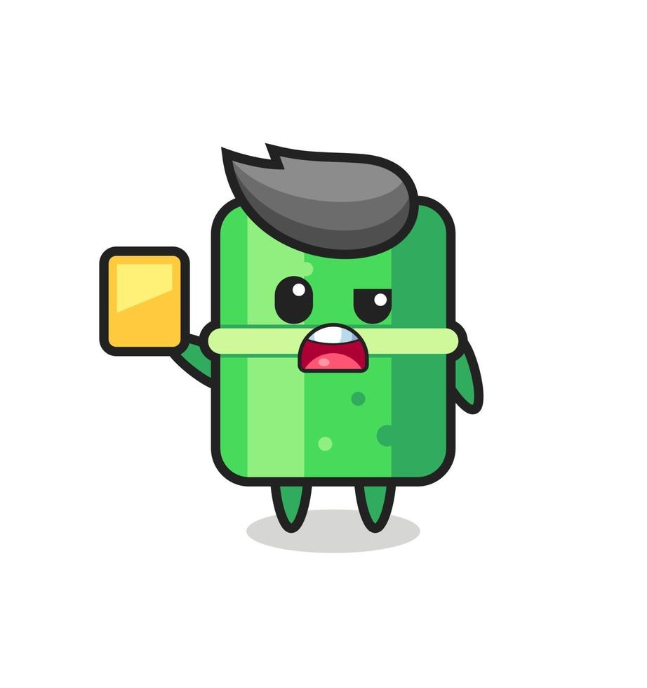 cartoon bamboo character as a football referee giving a yellow card vector