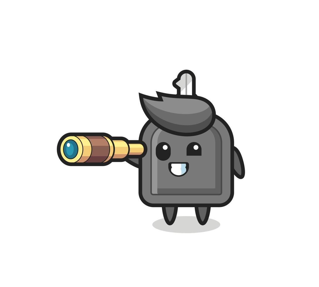 cute car key character is holding an old telescope vector