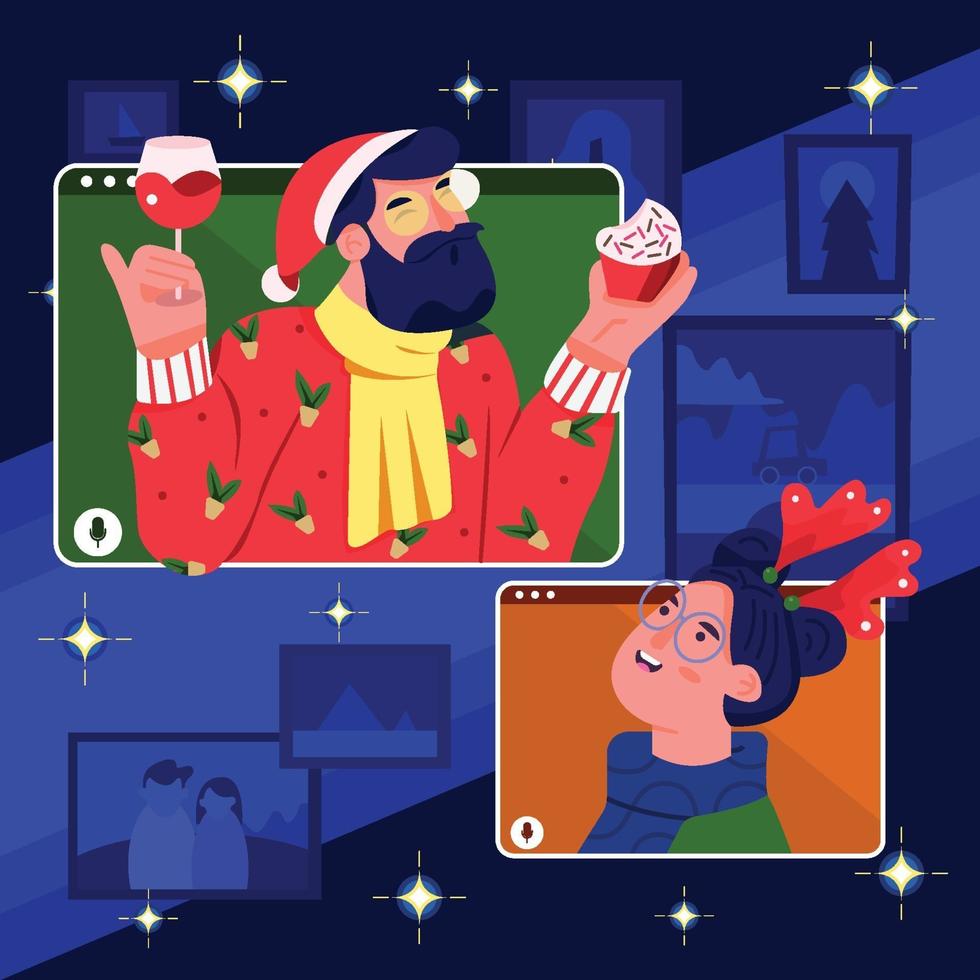 Two People Prepare Christmas Gathering using Video Call vector