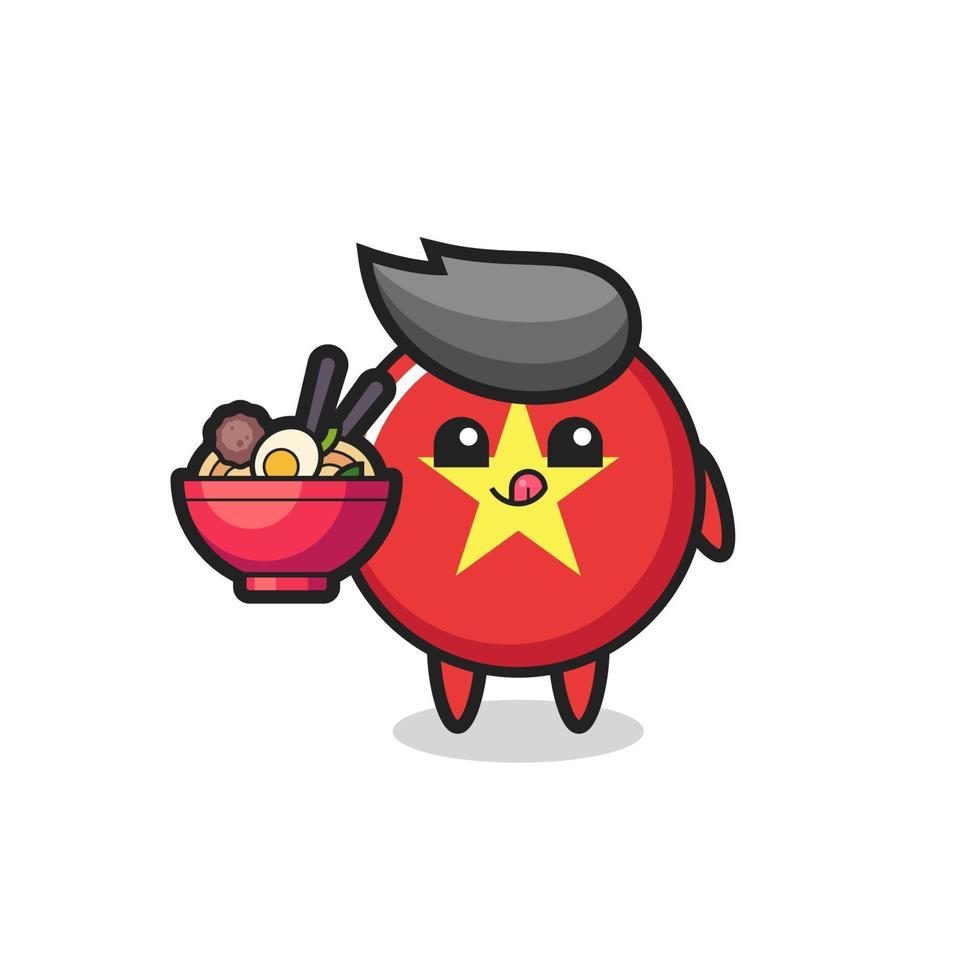 lindo personaje de la insignia de la bandera de vietnam comiendo fideos vector