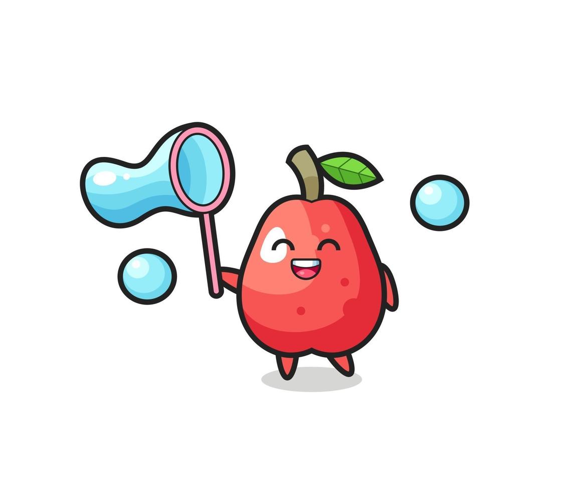 dibujos animados de manzana de agua feliz jugando pompas de jabón vector