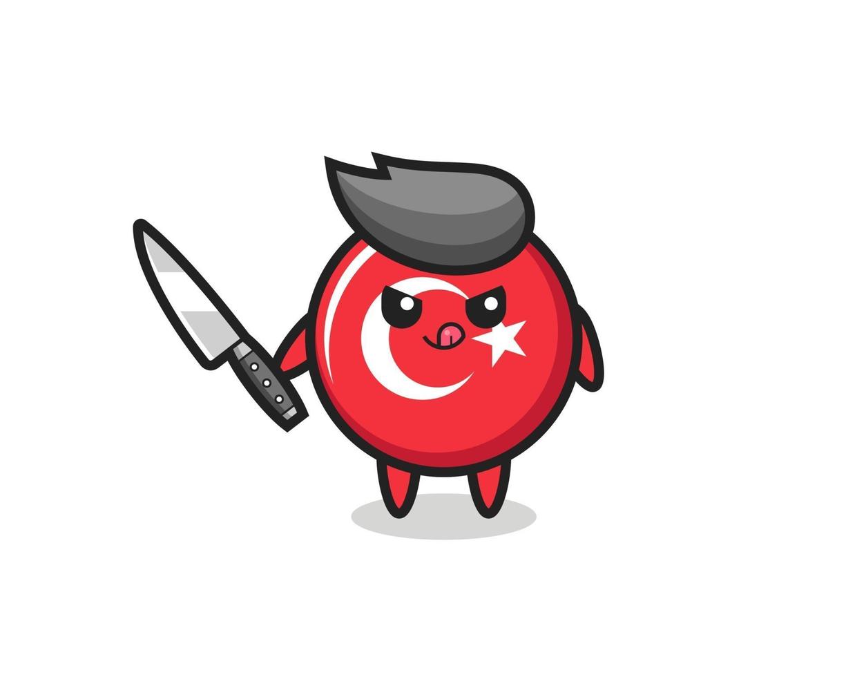 cute turkey flag badge mascot as a psychopath holding a knife vector