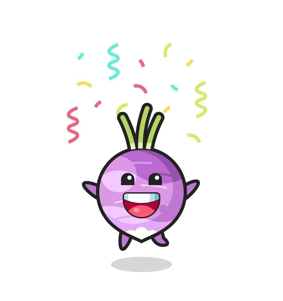 Feliz mascota de nabo saltando de felicitación con confeti de colores vector