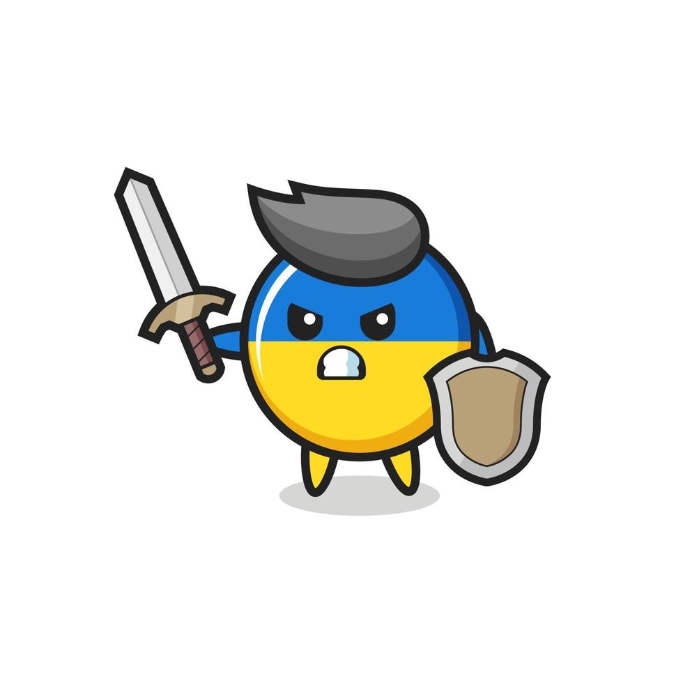 cute ukraine flag badge soldier fighting with sword and shield vector