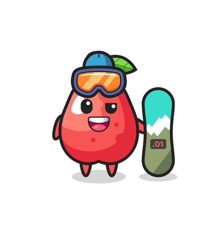 Ilustración de personaje de manzana de agua con estilo de snowboard vector