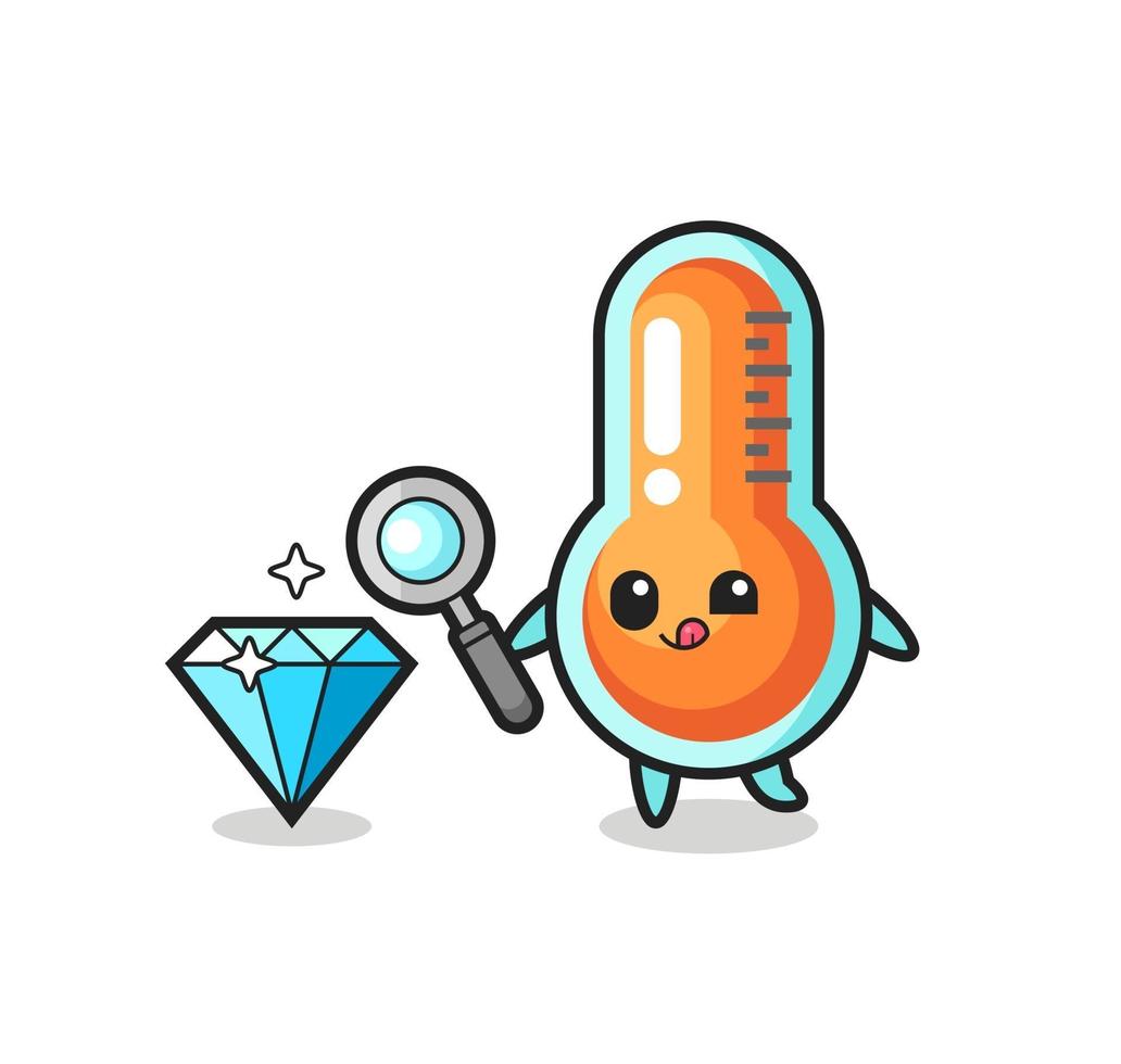 La mascota del termómetro está comprobando la autenticidad de un diamante. vector