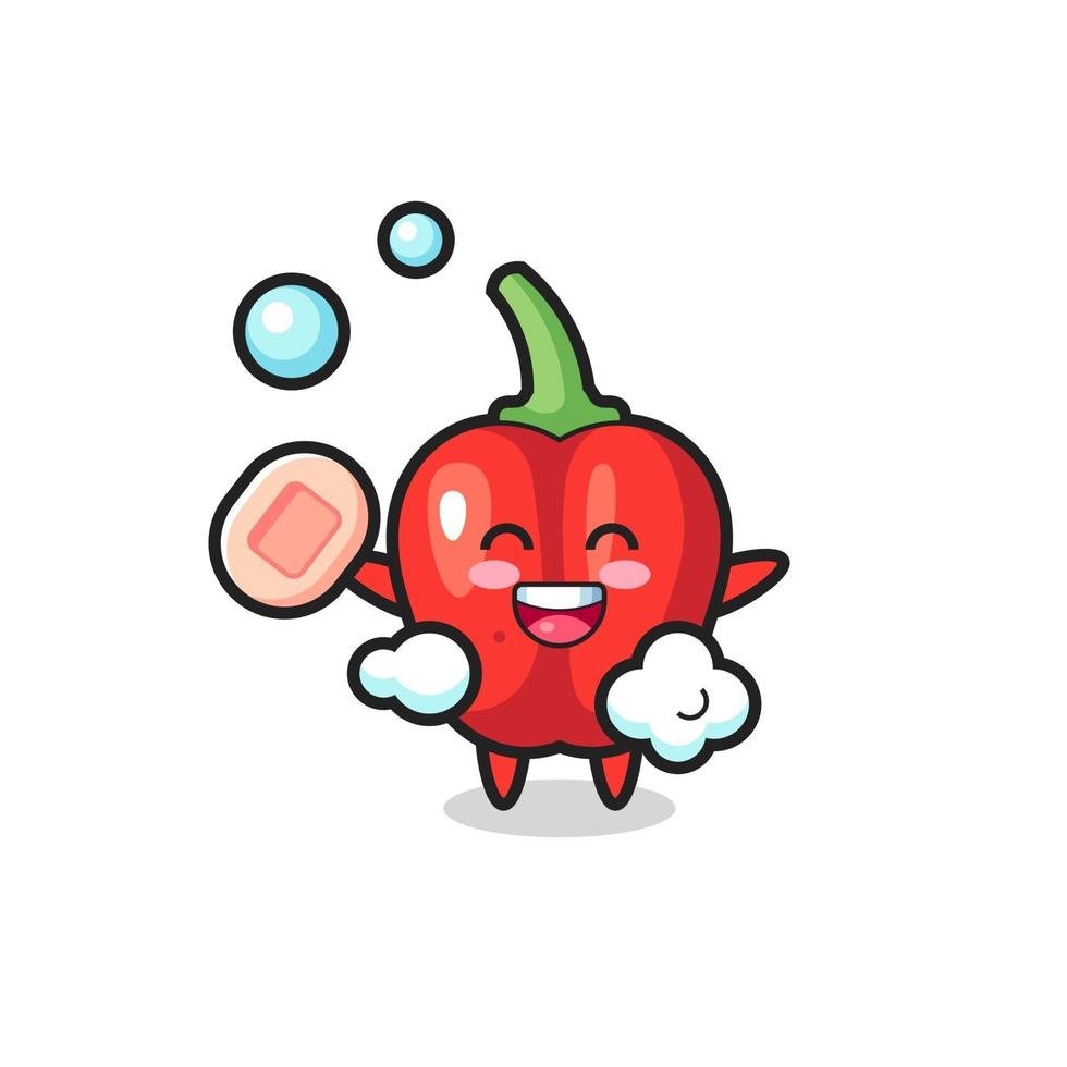 red bell pepper character is bathing while holding soap vector