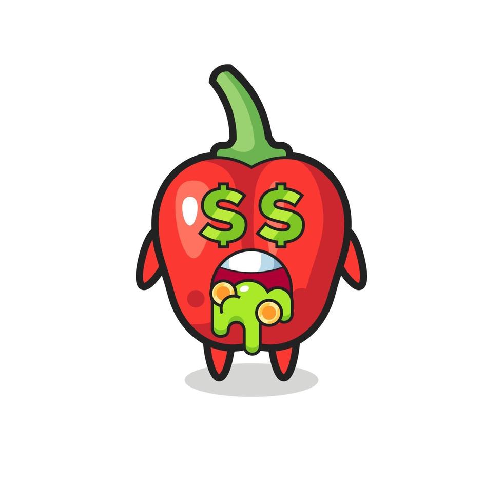 Personaje de pimiento rojo con una expresión de locura por el dinero. vector