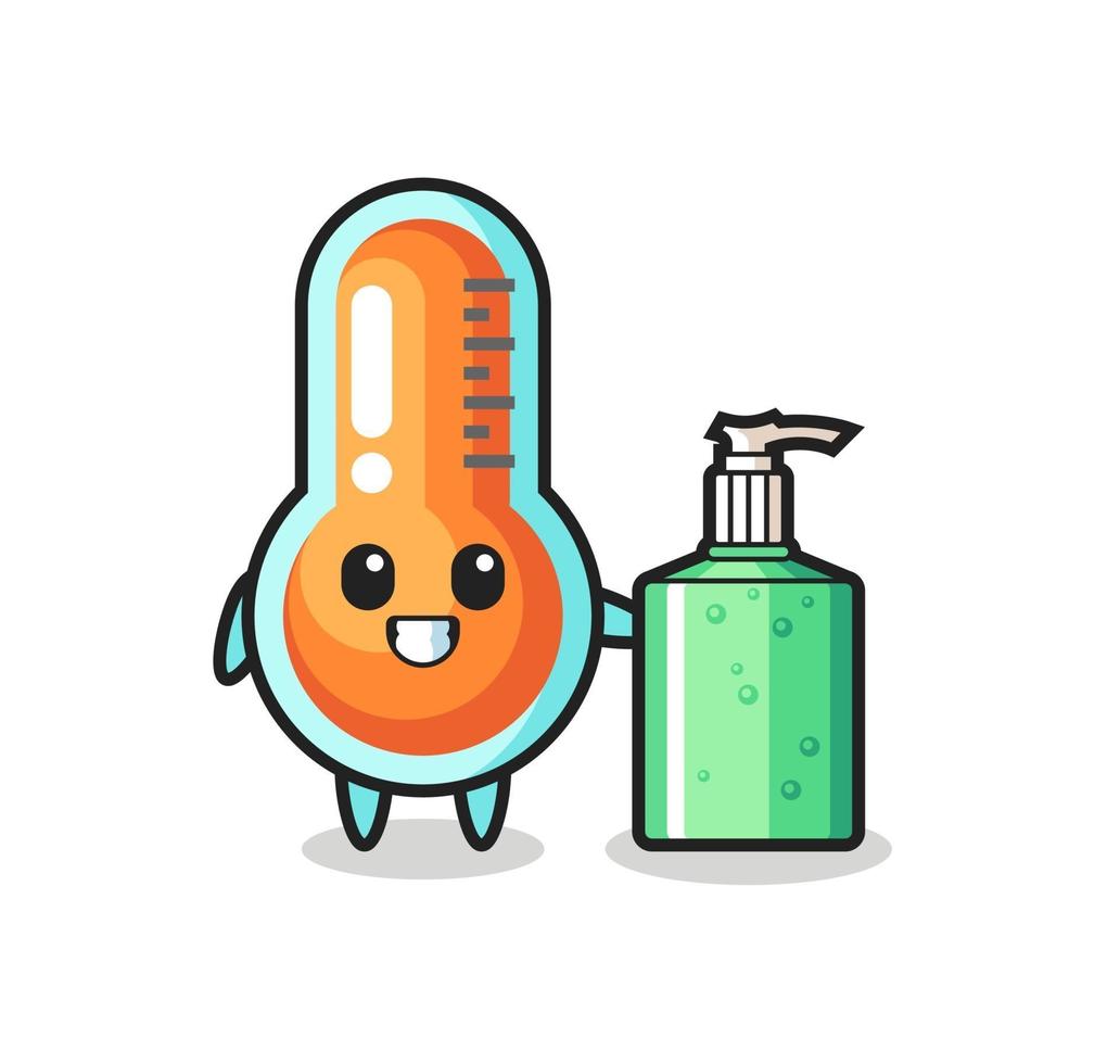 cute thermometer cartoon with hand sanitizer vector