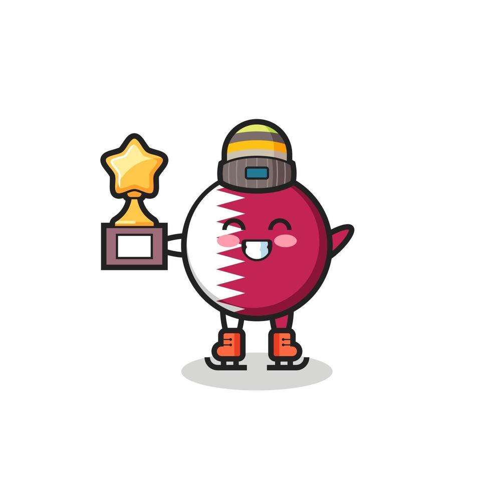 qatar flag badge cartoon as an ice skating player hold winner trophy vector