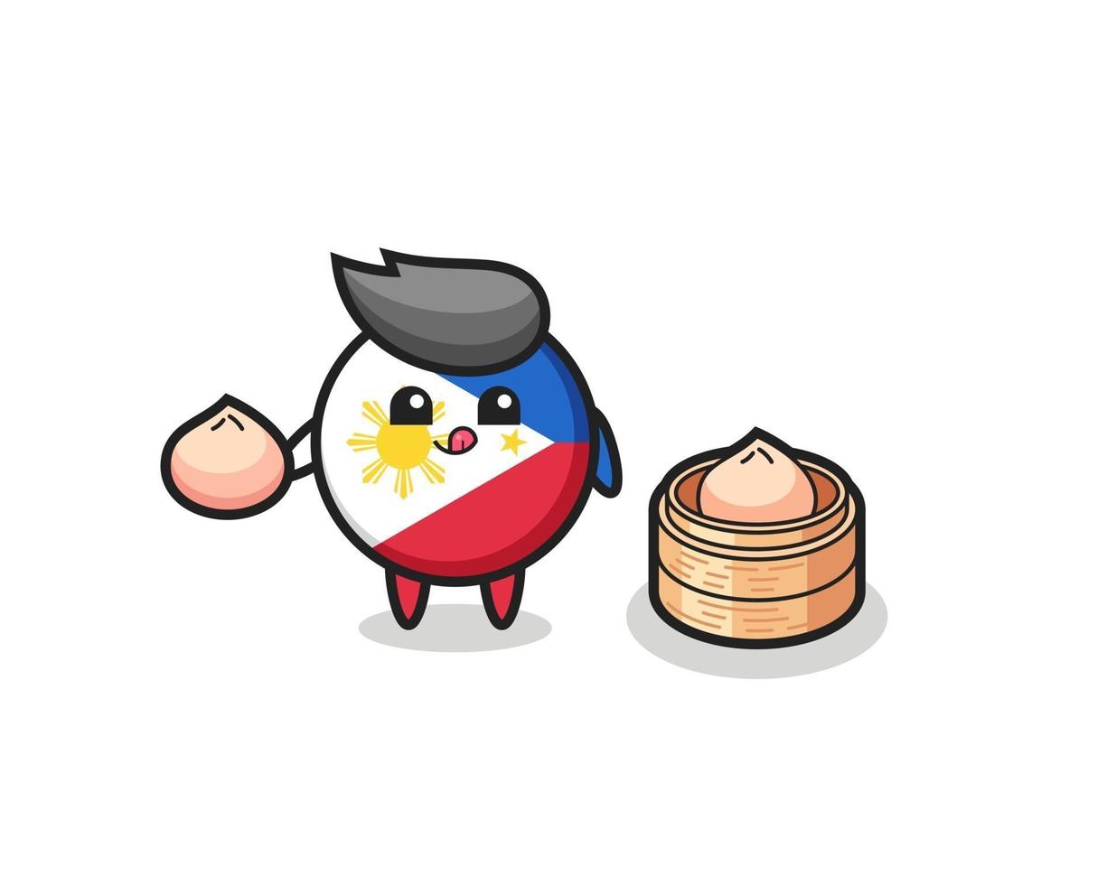 cute philippines flag badge character eating steamed buns vector