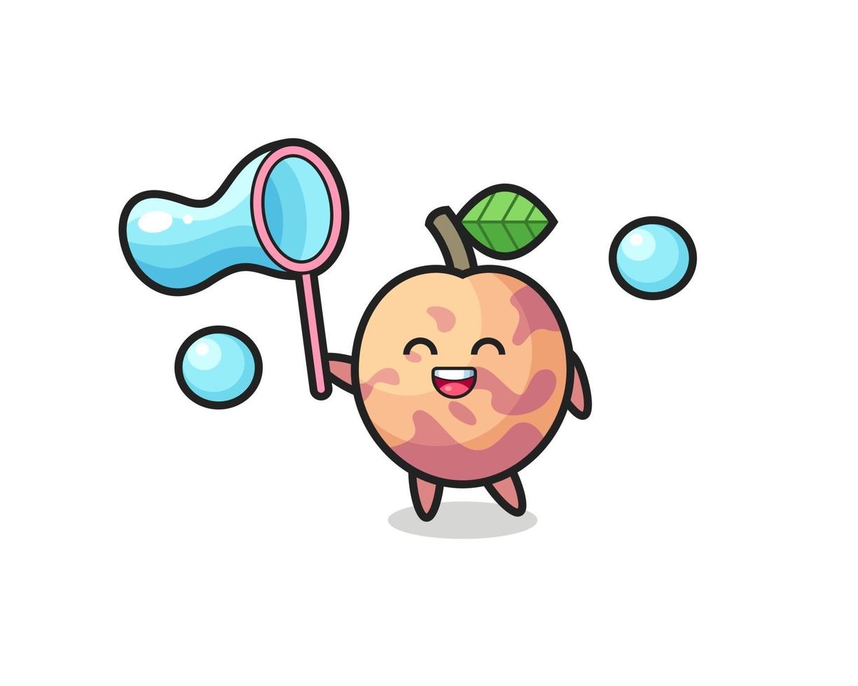 happy pluot fruit cartoon playing soap bubble vector